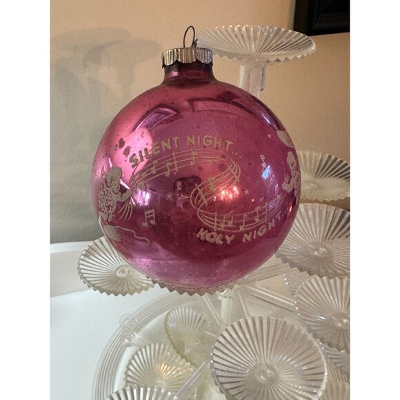 Vintage large  pink Christmas ball, Christmas ornament Silent Night stenciled - Picture 4 of 6